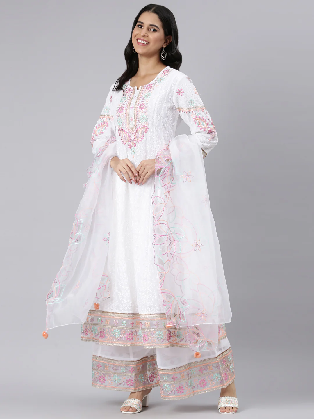 Neerus white Panelled Curved Solid Kurta and Trousers With Dupatta - Image 5