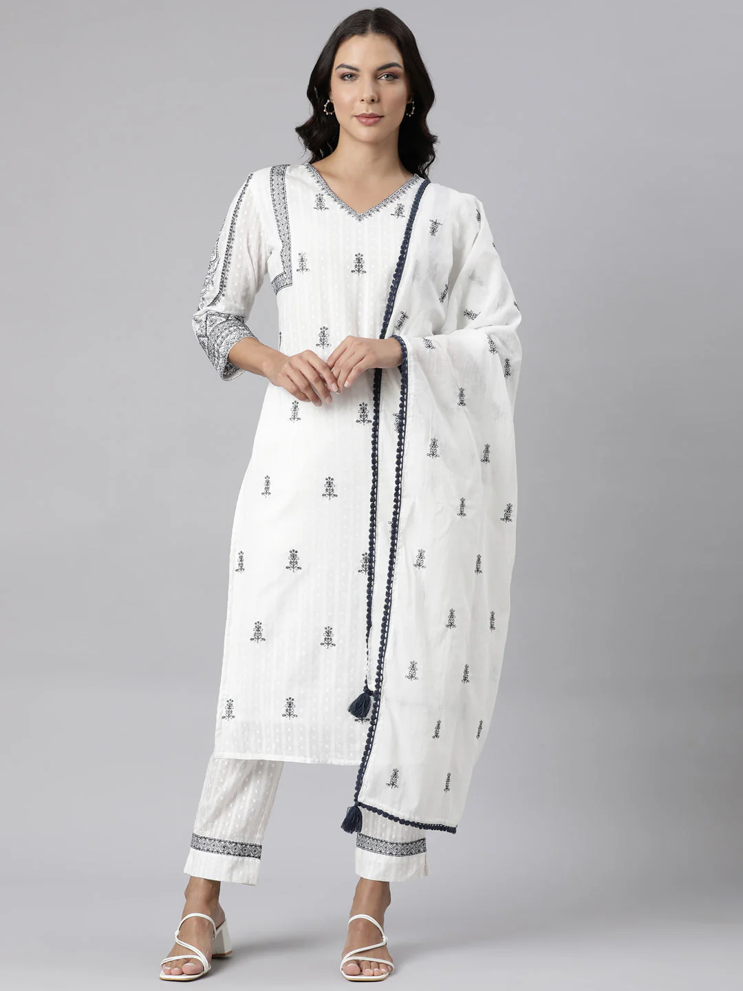 Neerus White Panelled Straight Yoke Design Kurta And Trousers With Dupatta - Image 6