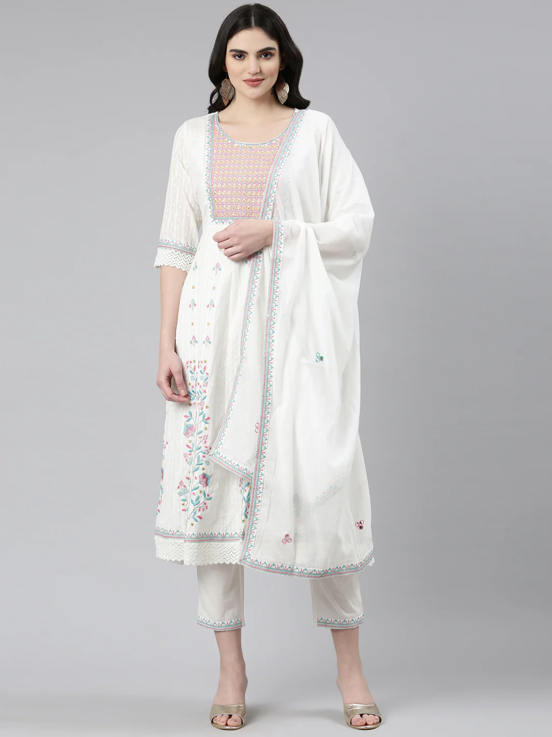 Neerus White Pleated Anarkali Printed Kurta And Trousers With Dupatta