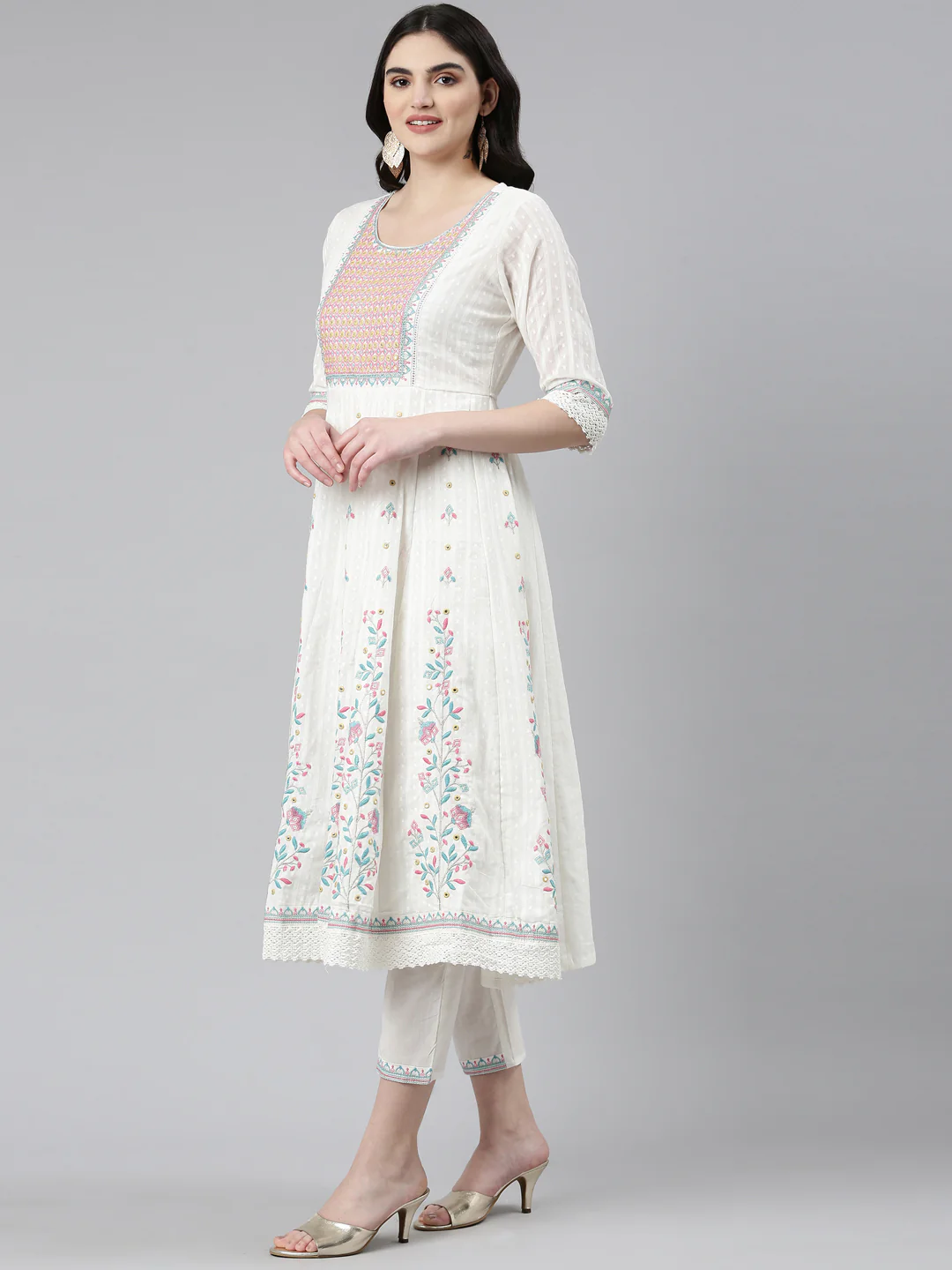 Neerus White Pleated Anarkali Printed Kurta And Trousers With Dupatta - Image 2
