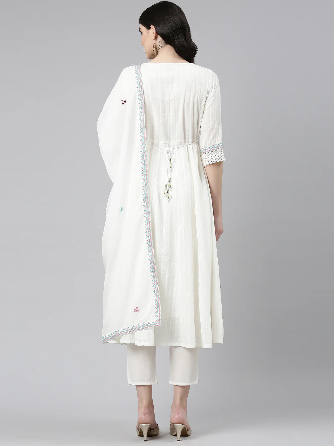 Neerus White Pleated Anarkali Printed Kurta And Trousers With Dupatta - Image 3