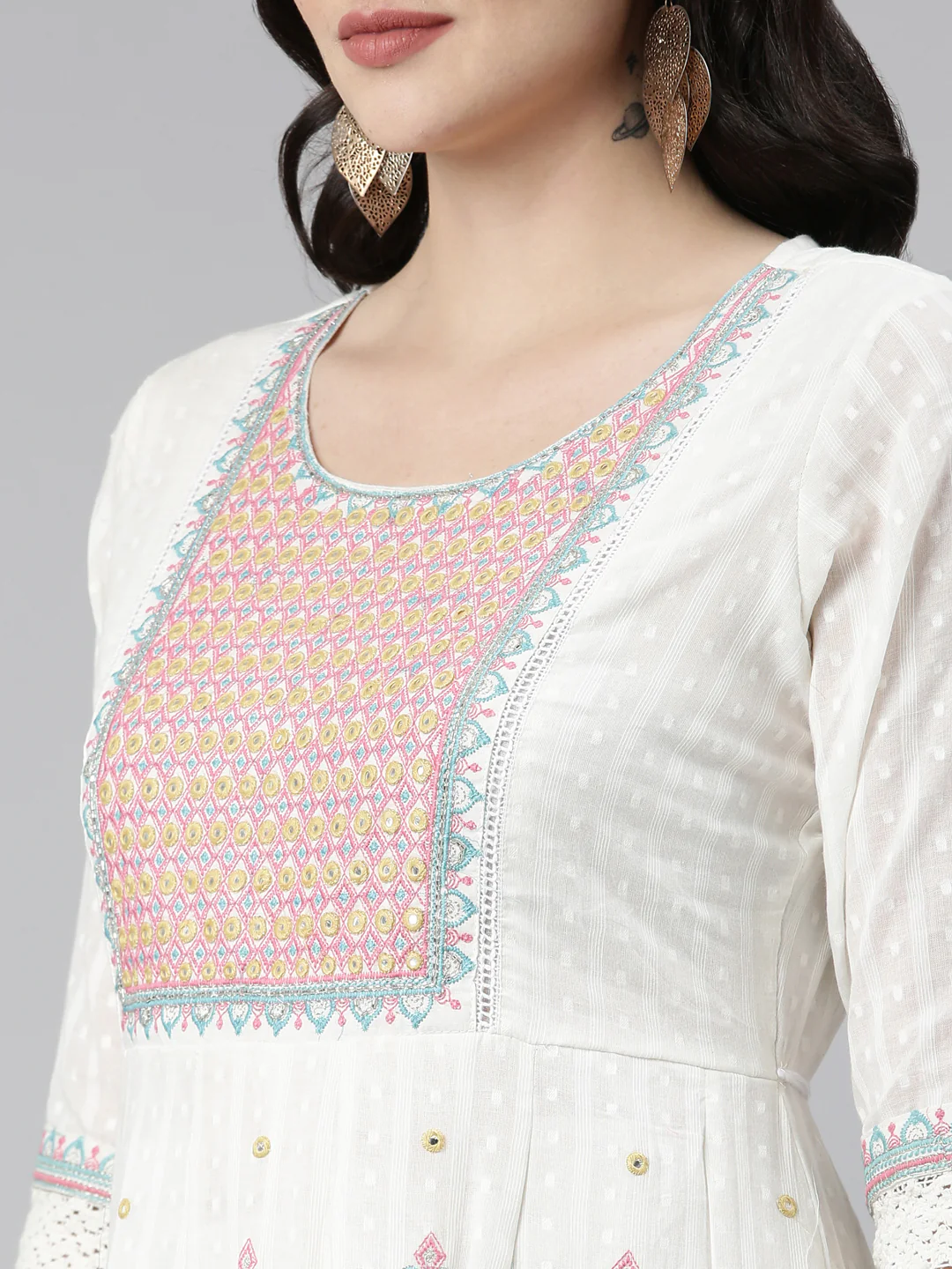Neerus White Pleated Anarkali Printed Kurta And Trousers With Dupatta - Image 4