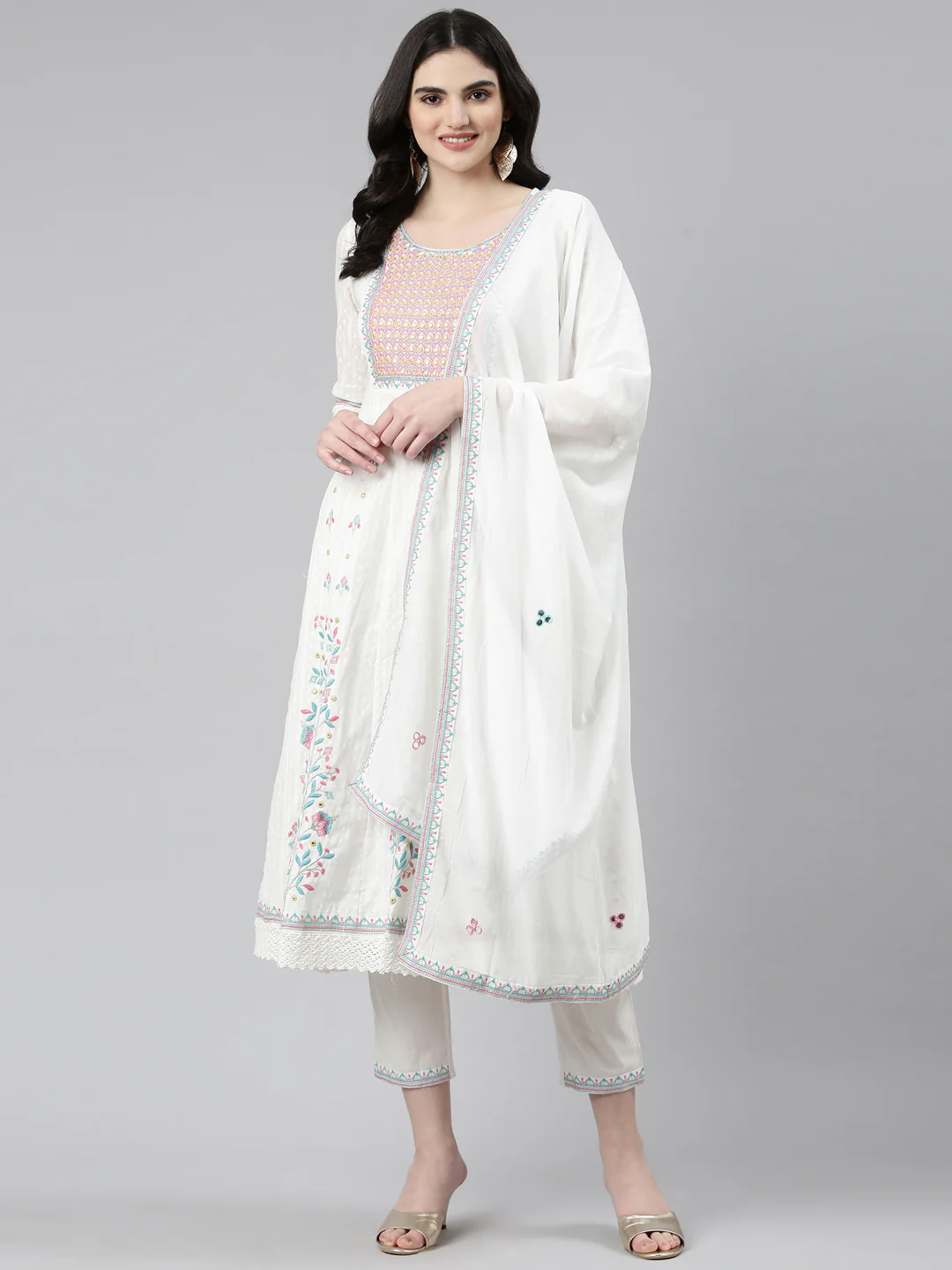 Neerus White Pleated Anarkali Printed Kurta And Trousers With Dupatta - Image 5