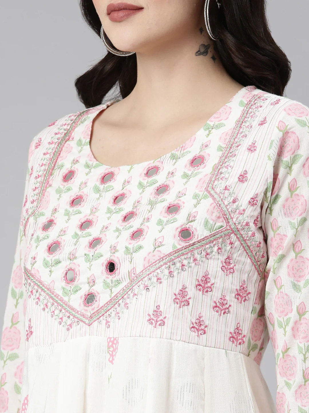 Neerus White Pleated Anarkali Printed Kurta And Trousers With Dupatta - Image 4