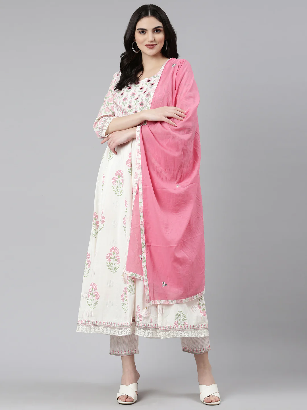 Neerus White Pleated Anarkali Printed Kurta And Trousers With Dupatta - Image 5