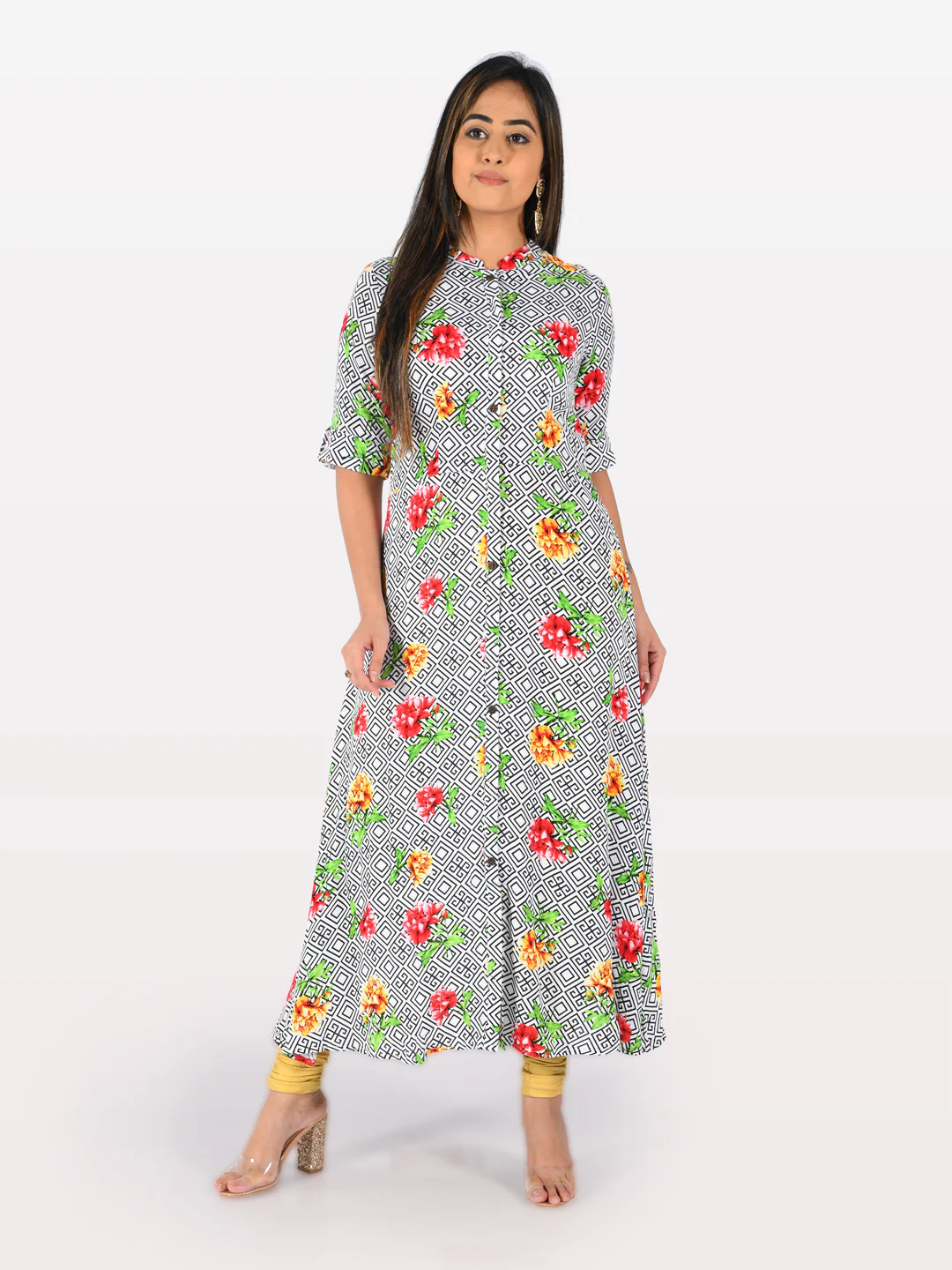 Neerus White Printed A Line Kurta - Image 5