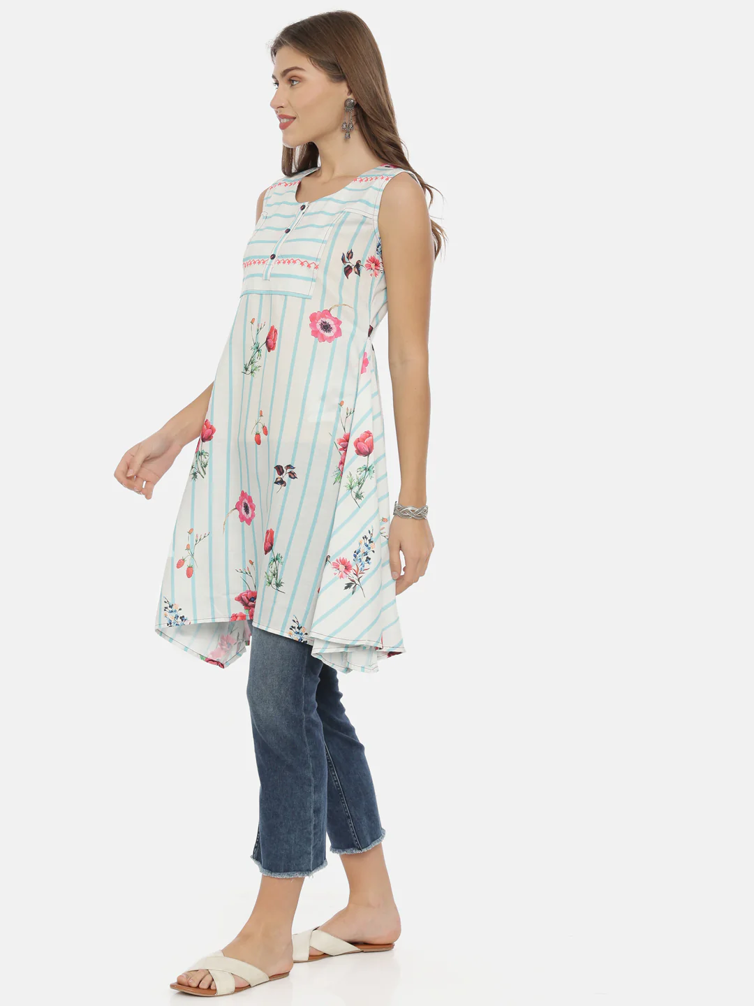 Neerus White Printed High Low Kurta - Image 3