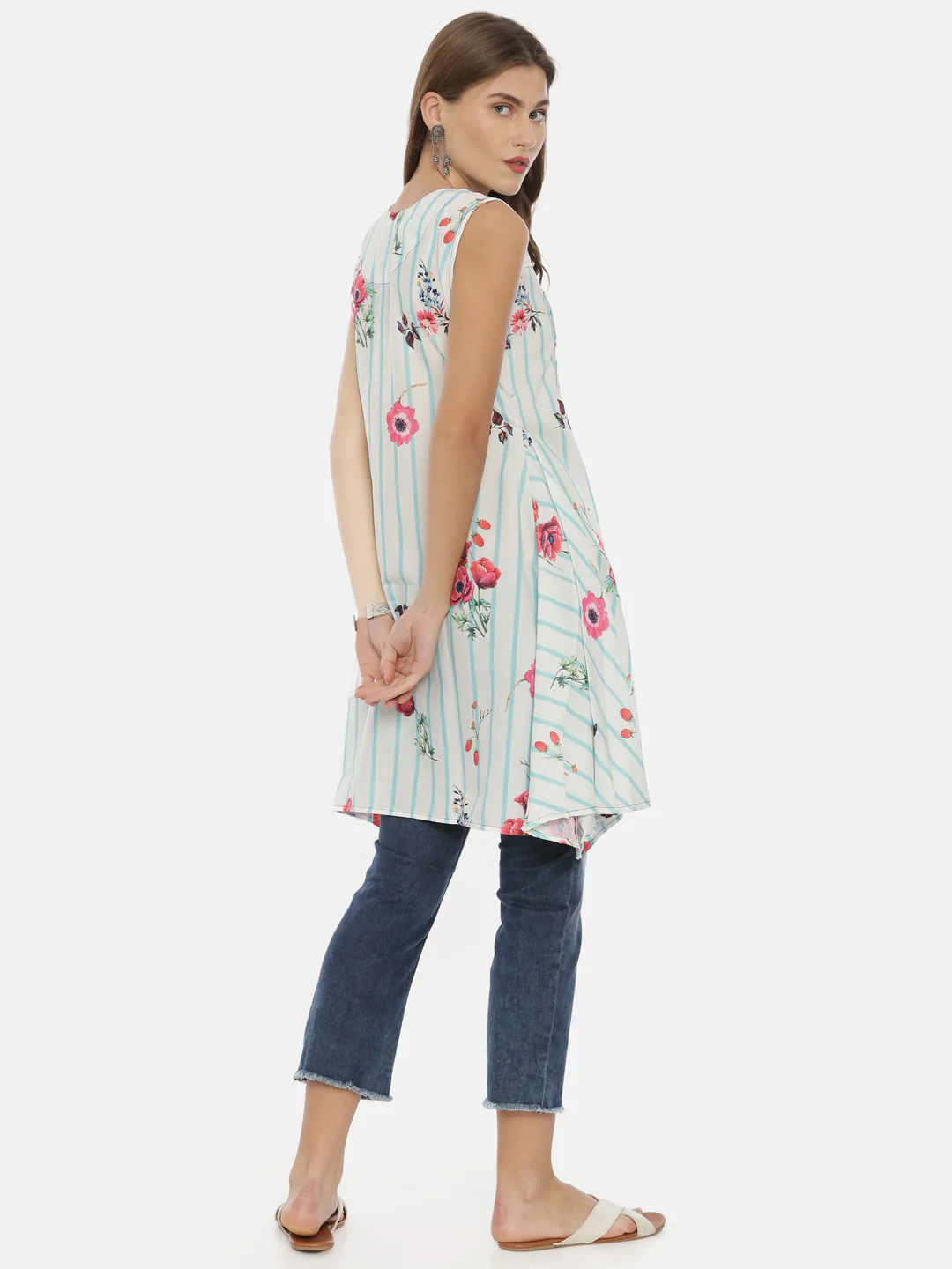 Neerus White Printed High Low Kurta - Image 5