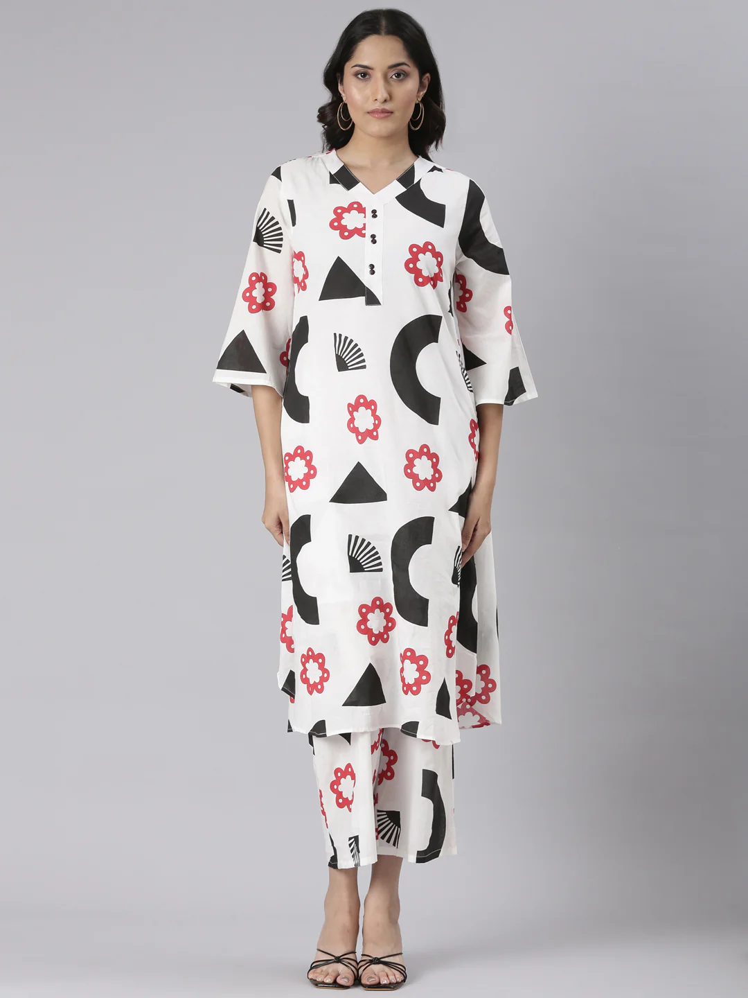 Neerus White Printed Straight Kurta and Trousers