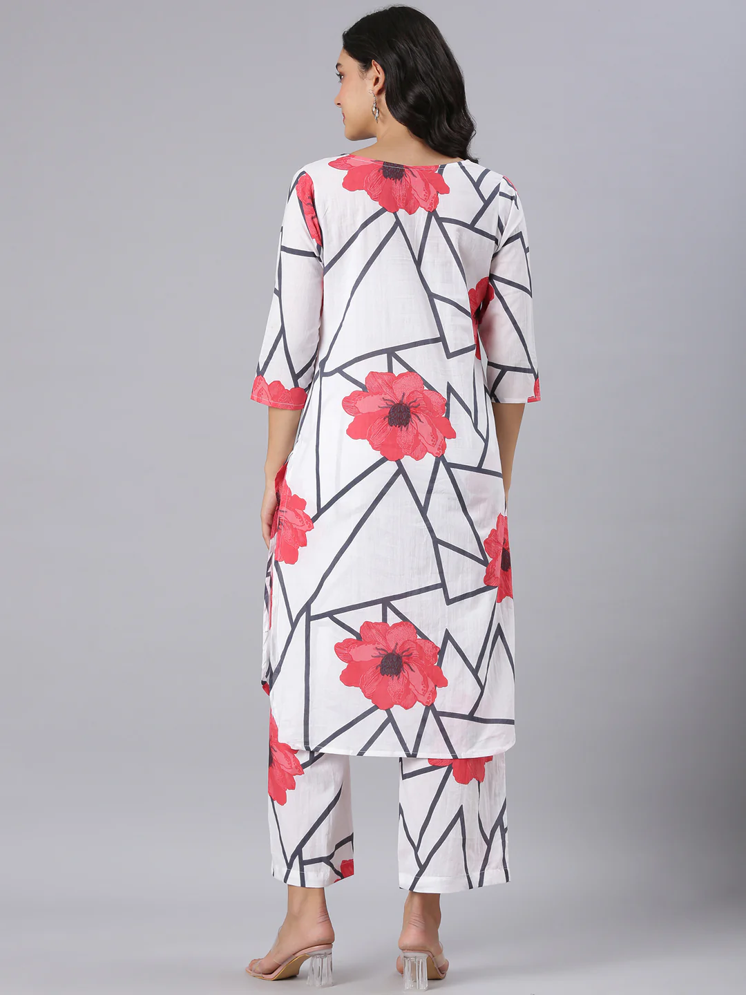 Neerus White Printed Straight Kurta And Trousers - Image 3