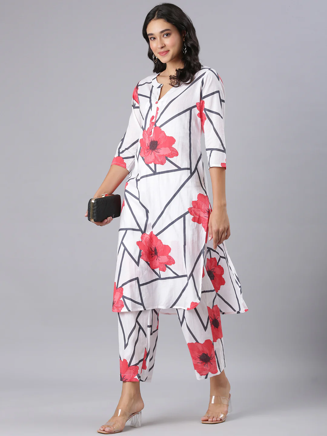 Neerus White Printed Straight Kurta And Trousers - Image 5