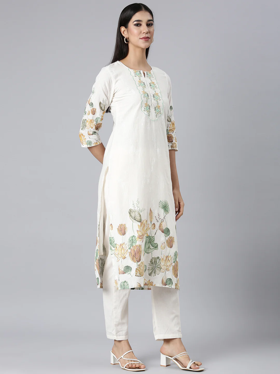 Neerus White Printed Straight Kurta and Trousers With Dupatta - Image 2