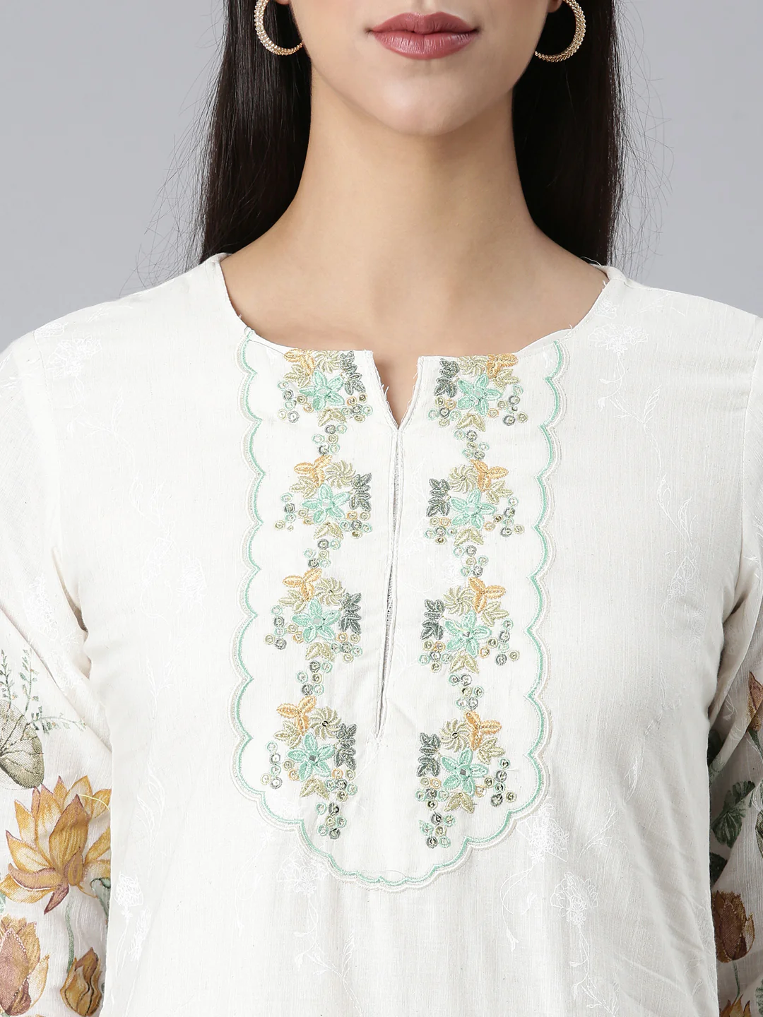 Neerus White Printed Straight Kurta and Trousers With Dupatta - Image 4