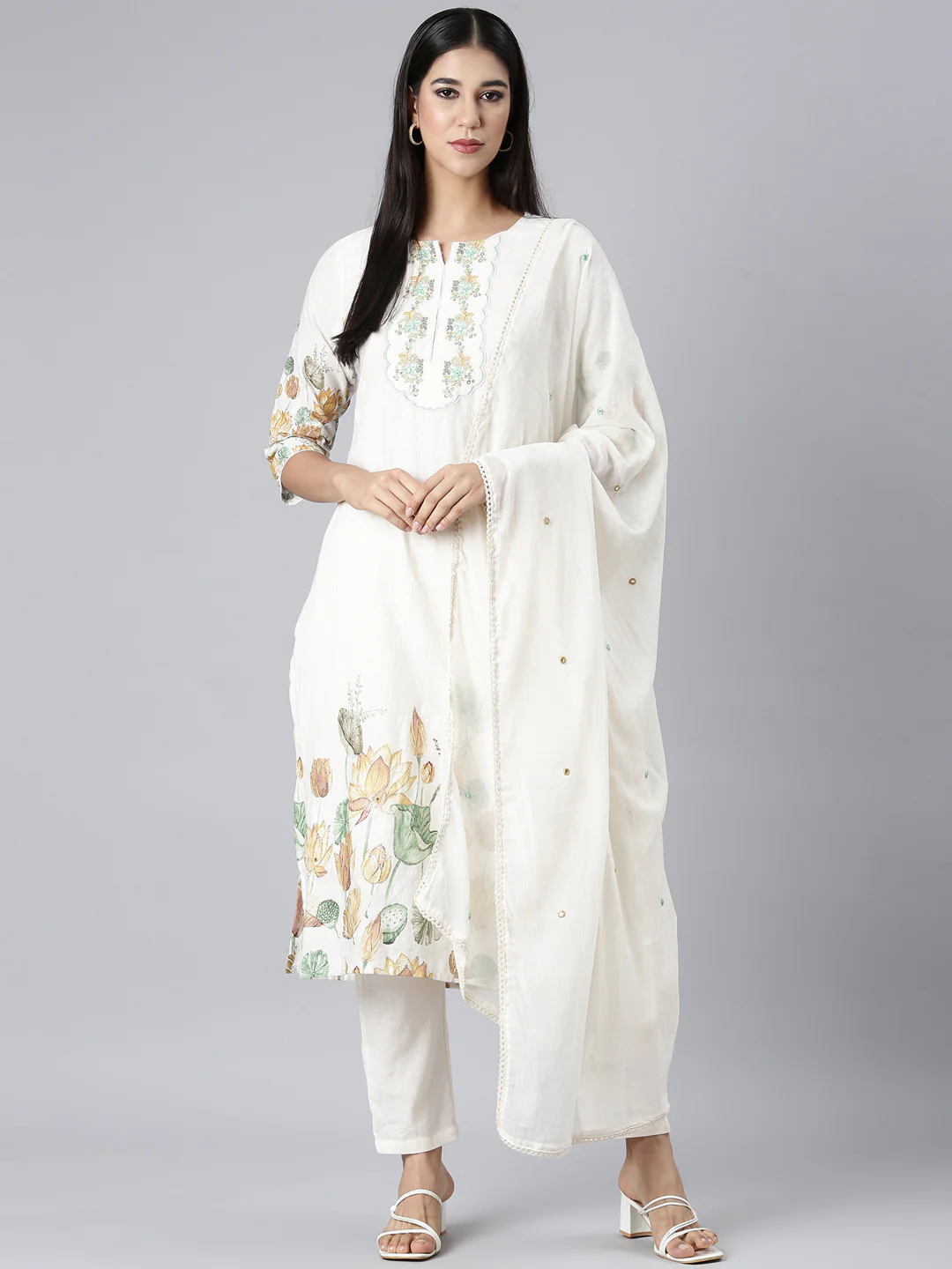 Neerus White Printed Straight Kurta and Trousers With Dupatta - Image 5