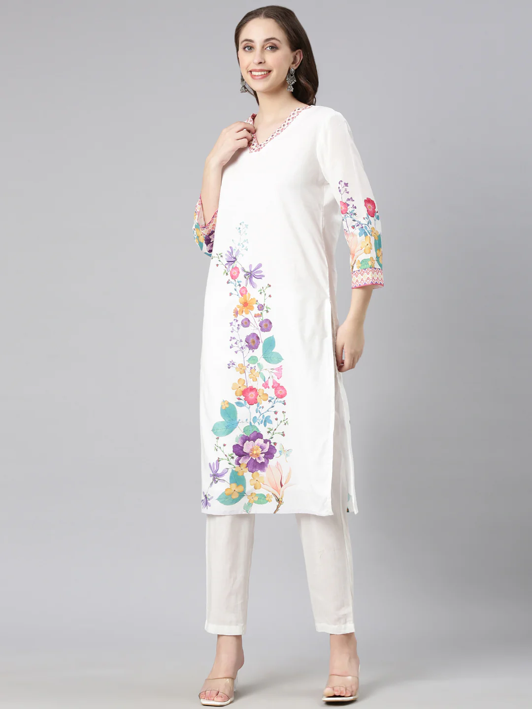 Neerus White Printed Straight Kurta and Trousers With Dupatta - Image 2