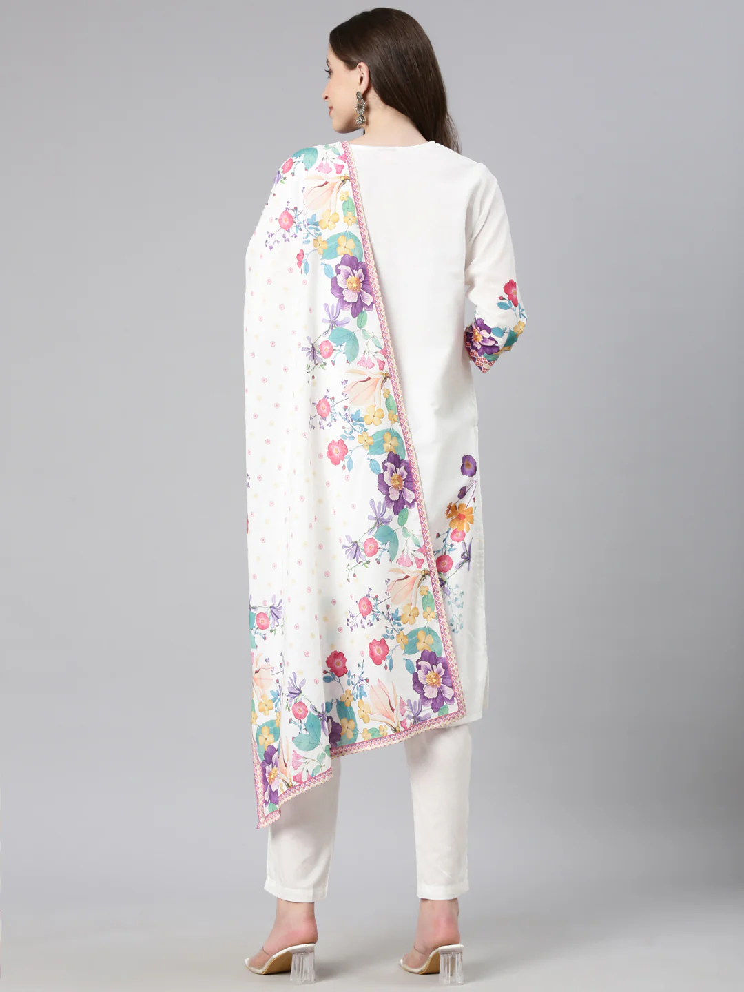 Neerus White Printed Straight Kurta and Trousers With Dupatta - Image 3