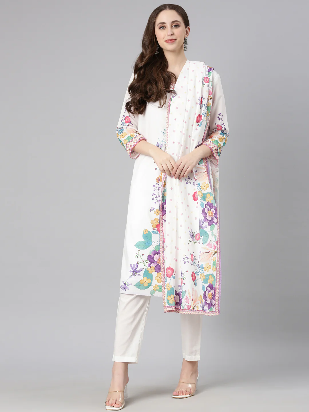 Neerus White Printed Straight Kurta and Trousers With Dupatta - Image 5