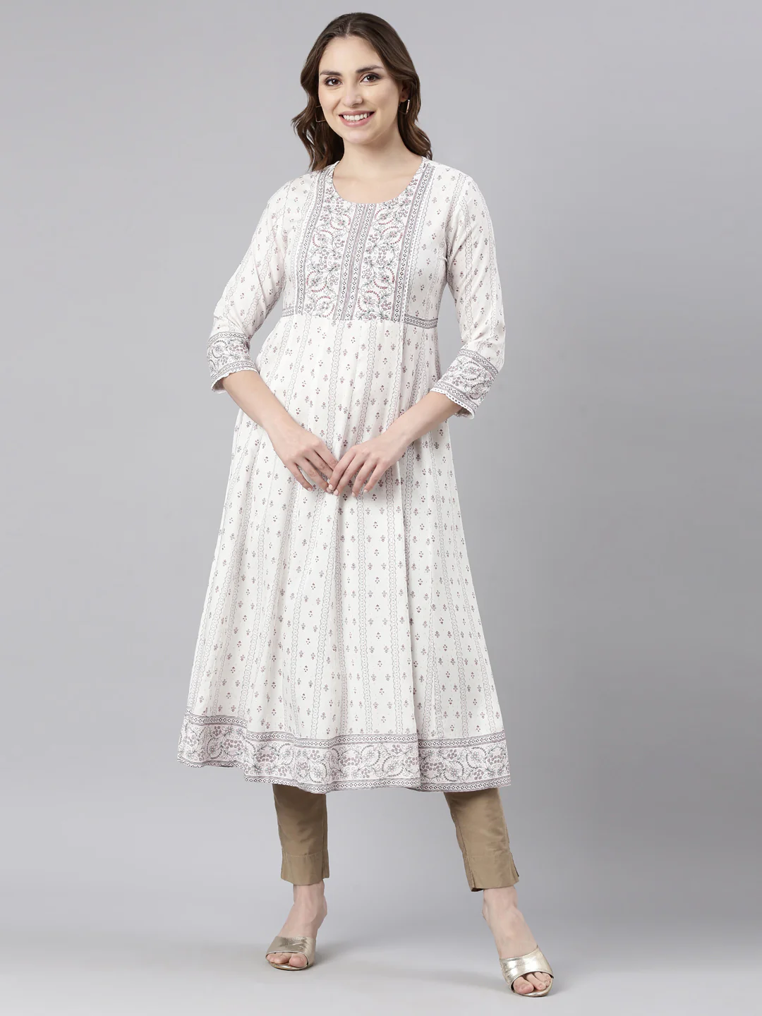 Neerus White Regular Anarkali Floral Kurta