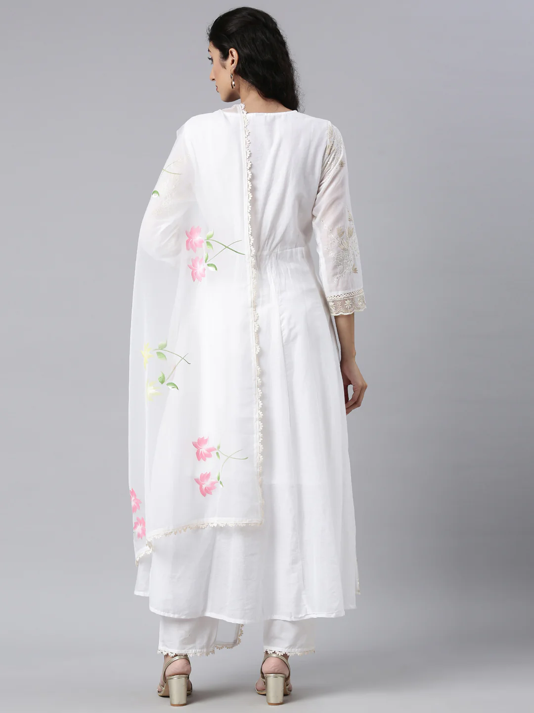Neerus White Regular Anarkali Kurta and Trousers With Dupatta - Image 3