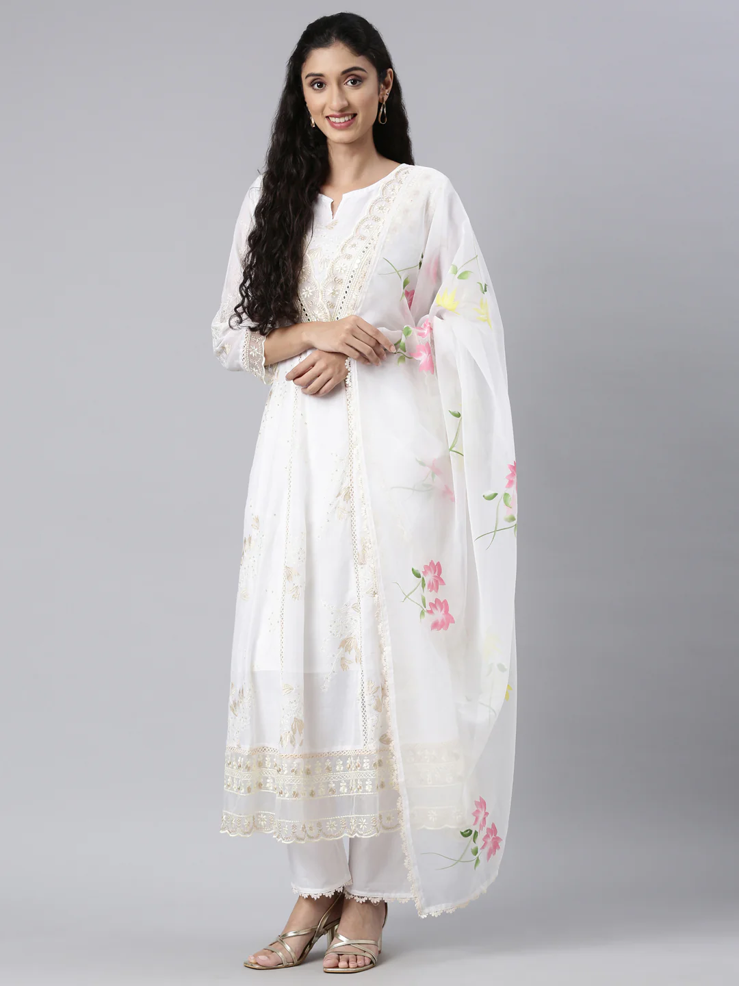 Neerus White Regular Anarkali Kurta and Trousers With Dupatta - Image 5