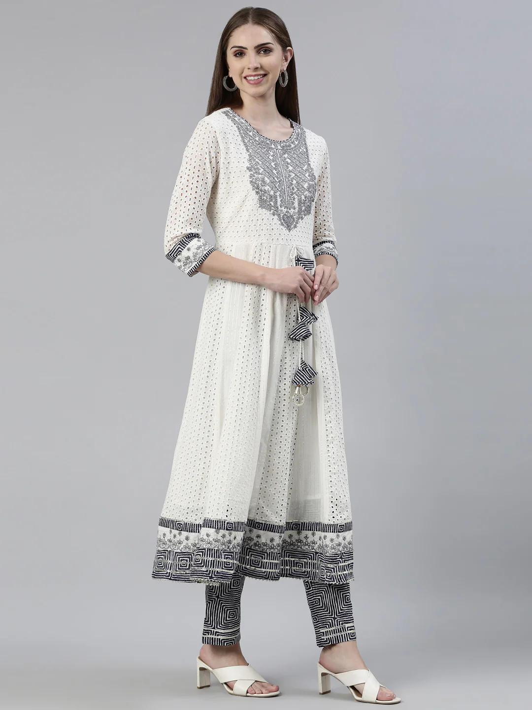 Neerus White Regular Knee Length Printed Kurta Printed Trousers With Dupatta - Image 2