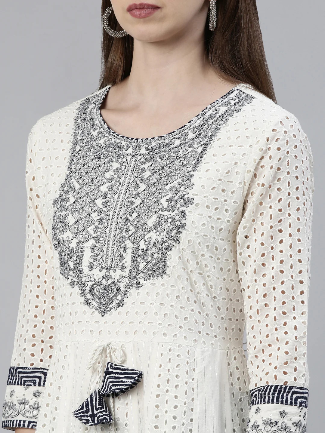 Neerus White Regular Knee Length Printed Kurta Printed Trousers With Dupatta - Image 4