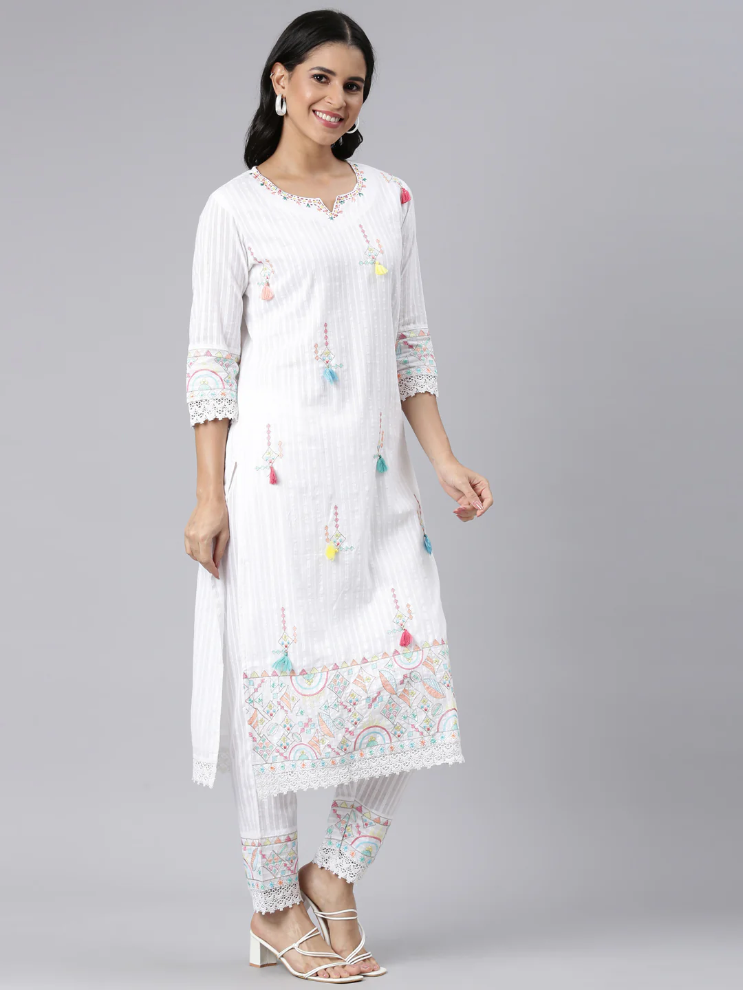 Neerus white Regular Straight Embroidered Kurta and Trousers With Dupatta - Image 2