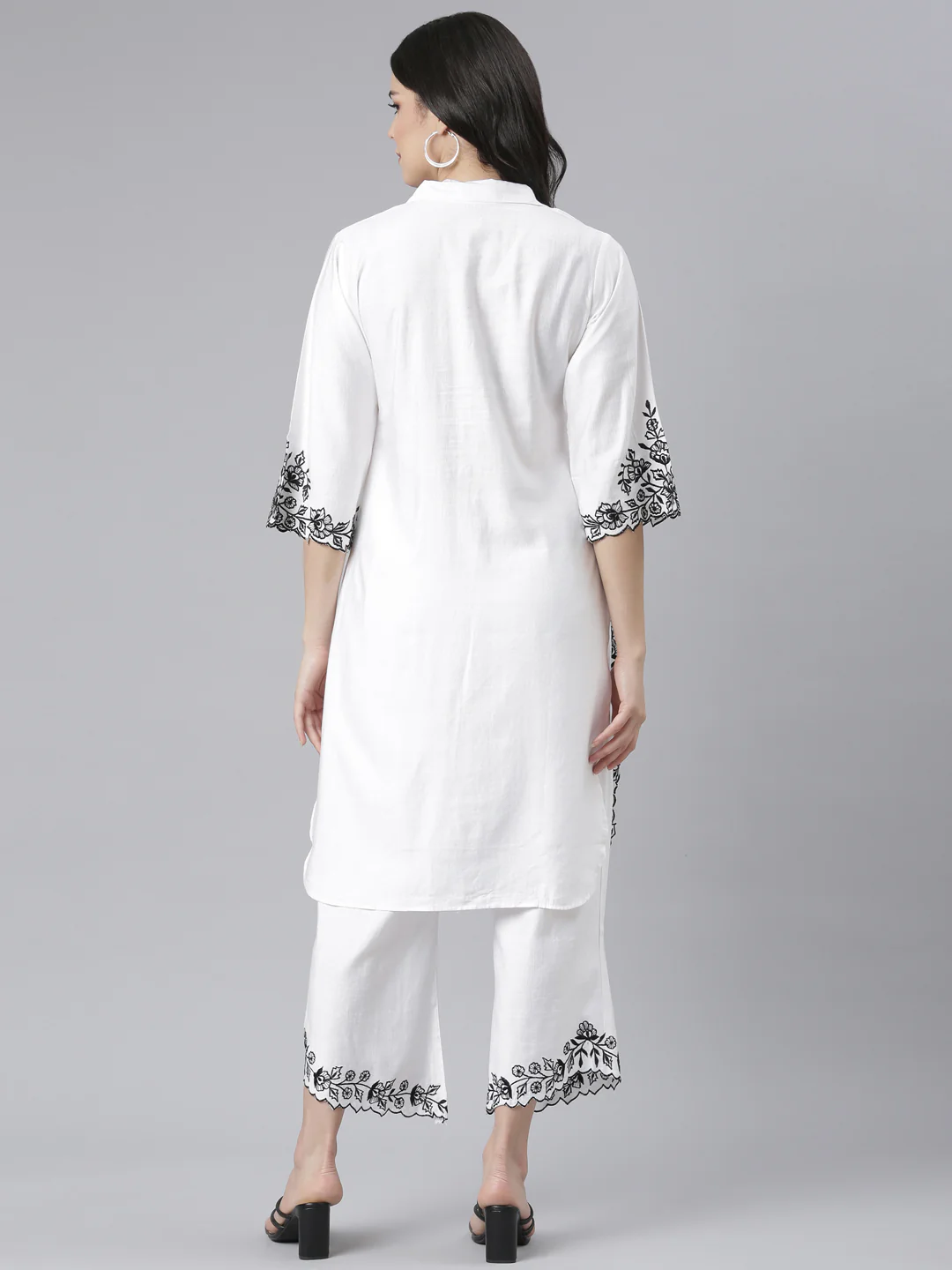 Neerus White Regular Straight Floral Kurta And Palazzos - Image 3