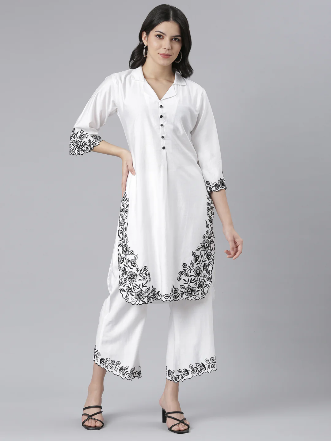 Neerus White Regular Straight Floral Kurta And Palazzos - Image 5