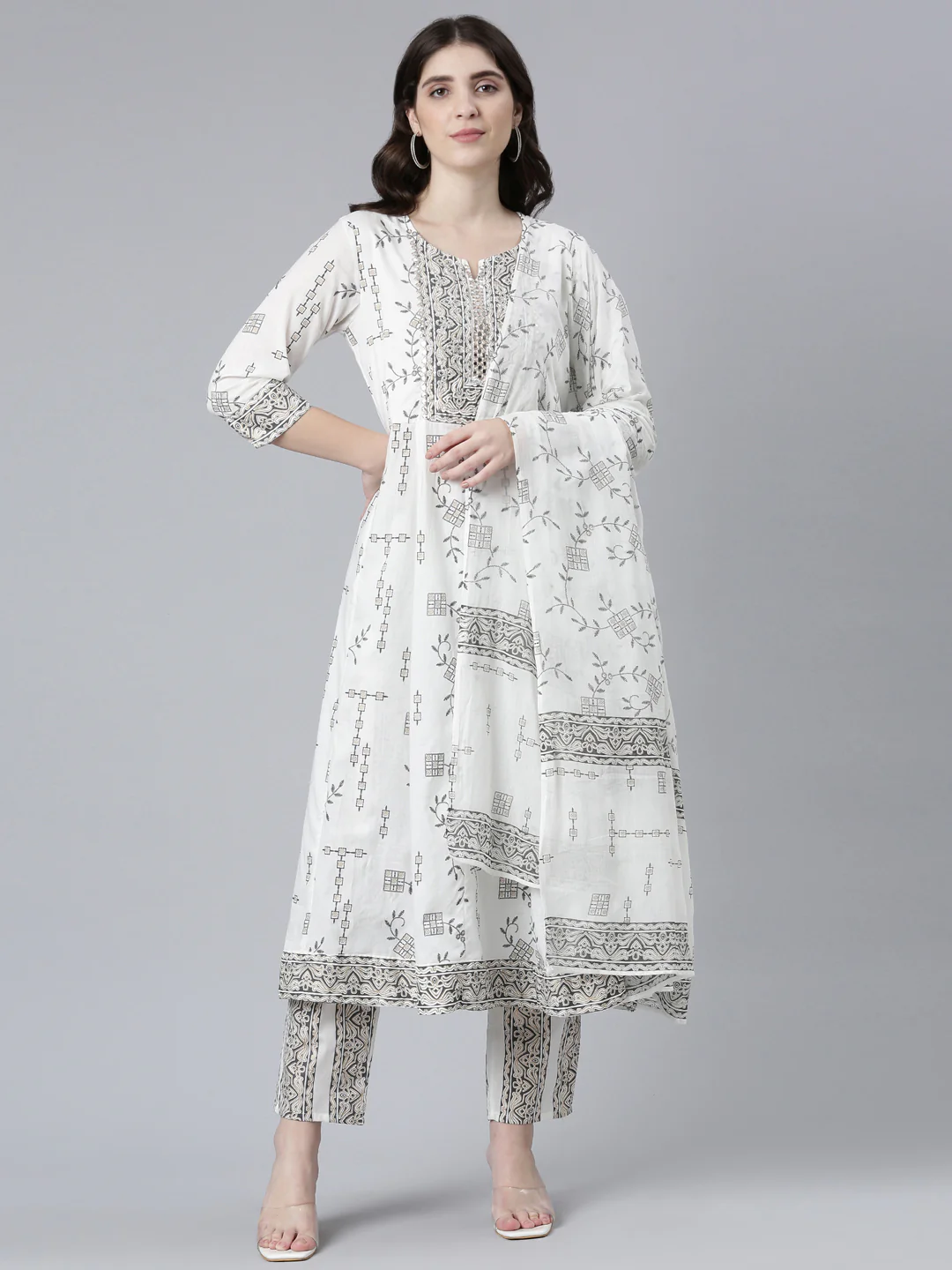 Neerus White Regular Straight Printed Kurta And Trousers With Dupatta