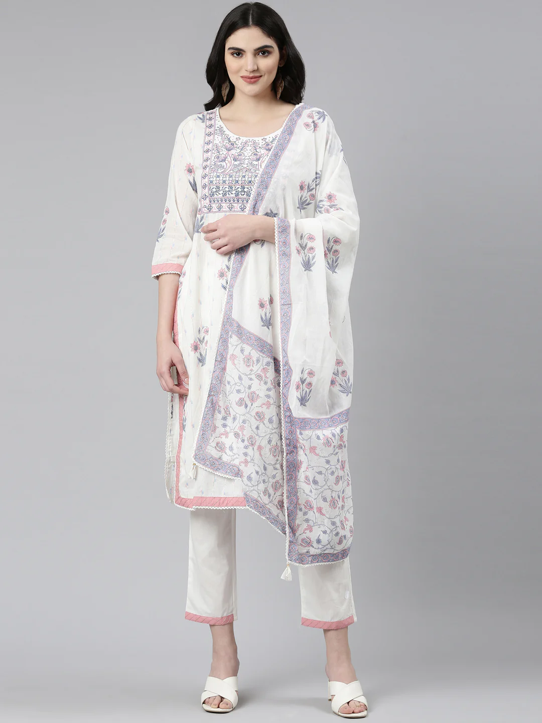 Neerus White Regular Straight Printed Kurta And Trousers With Dupatta