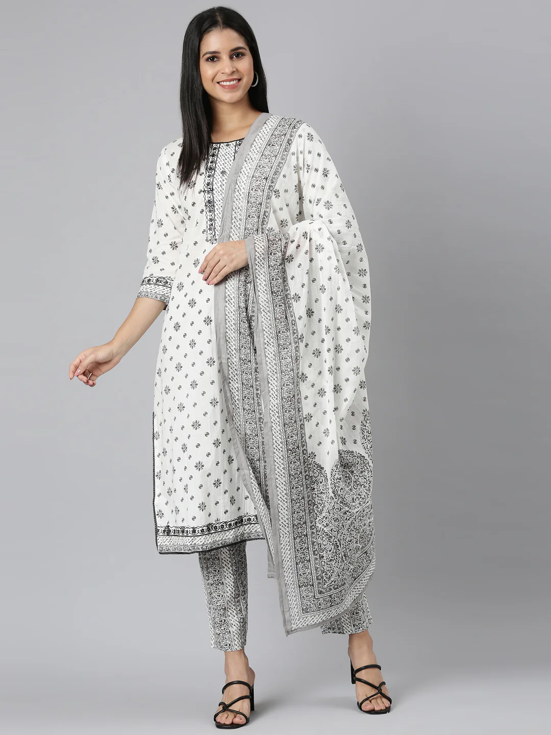 Neerus white Regular Straight Printed Kurta and Trousers With Dupatta - Image 5