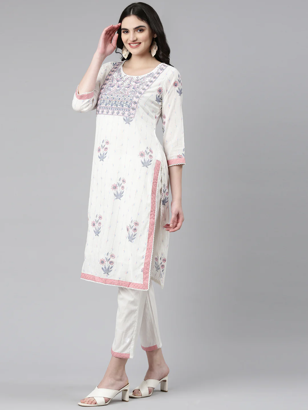 Neerus White Regular Straight Printed Kurta And Trousers With Dupatta - Image 2
