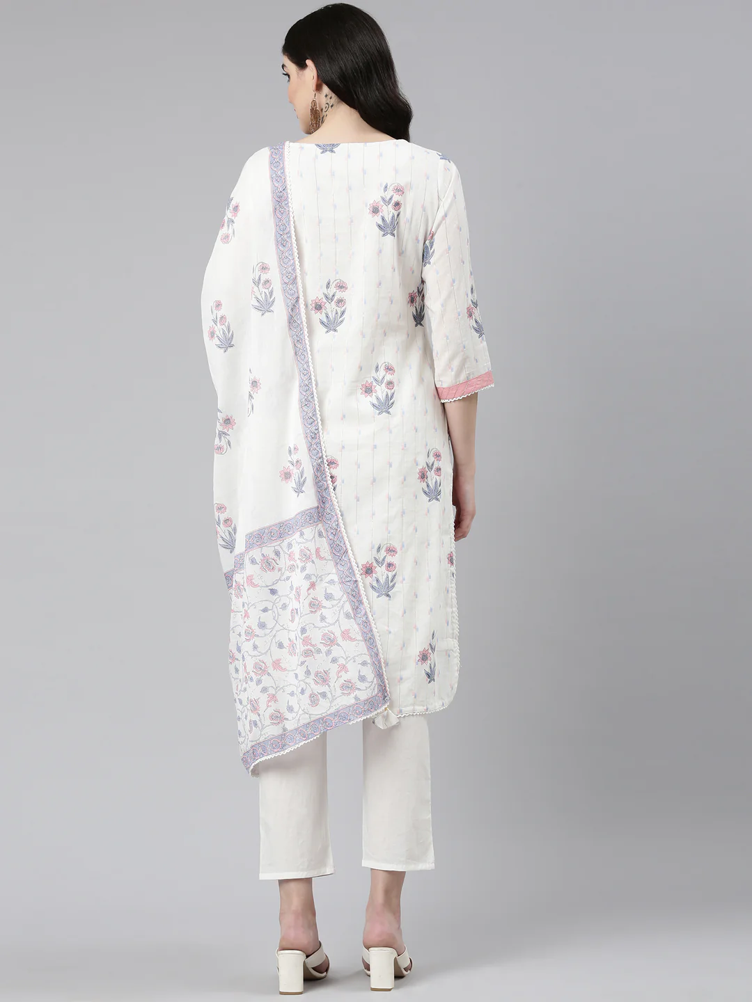 Neerus White Regular Straight Printed Kurta And Trousers With Dupatta - Image 3