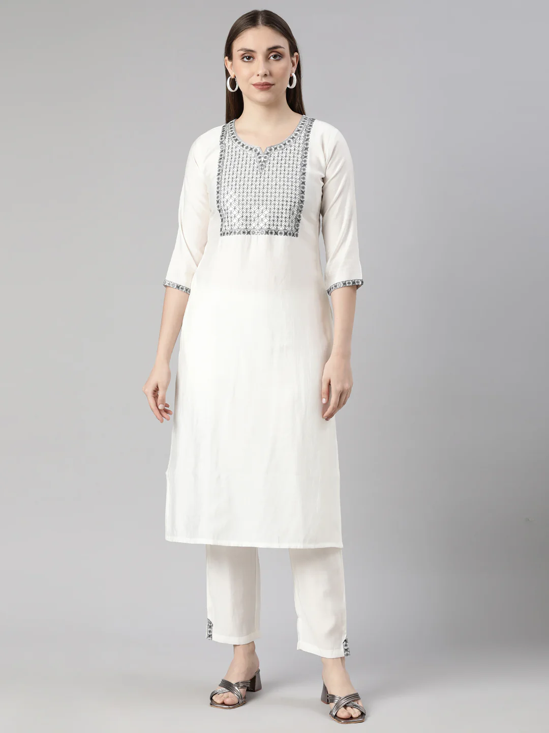 Neerus White Regular Straight Solid Kurta And Trousers