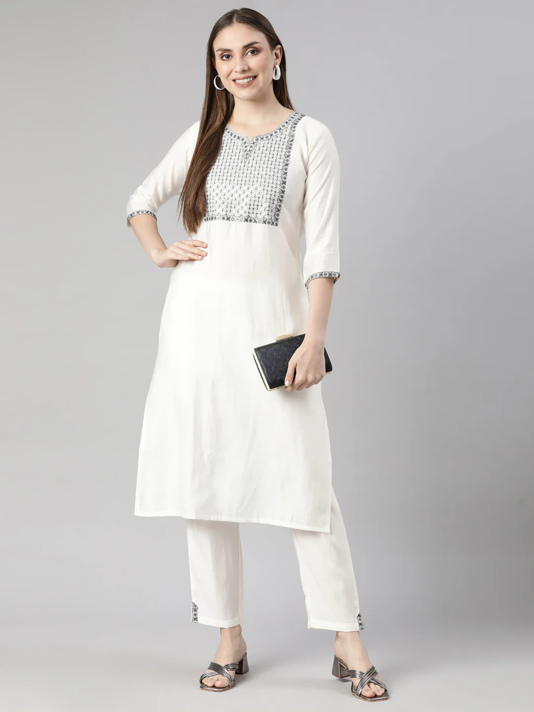 Neerus White Regular Straight Solid Kurta And Trousers - Image 5
