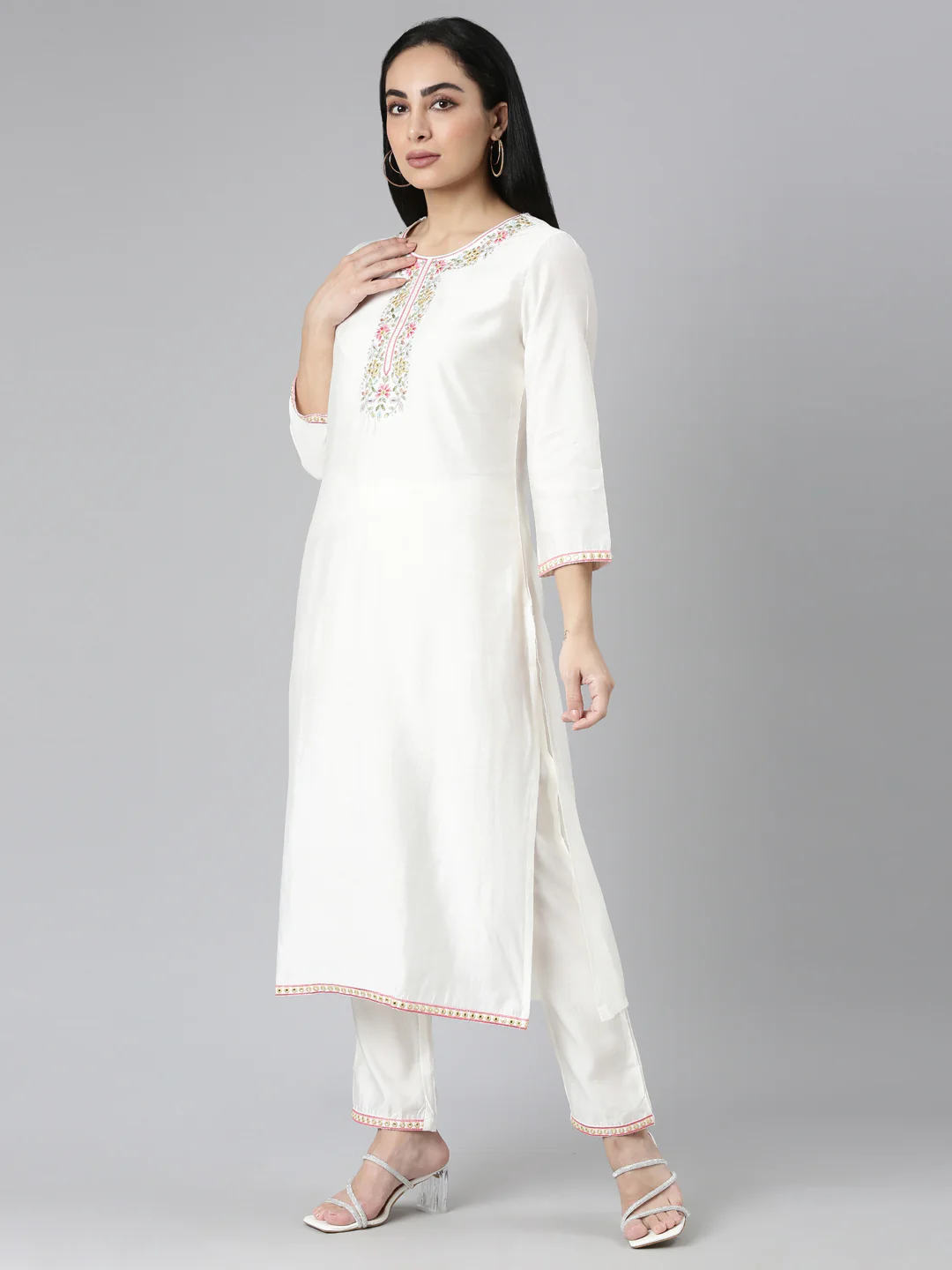 Neerus white Regular Straight Solid Kurta and Trousers With Dupatta - Image 2