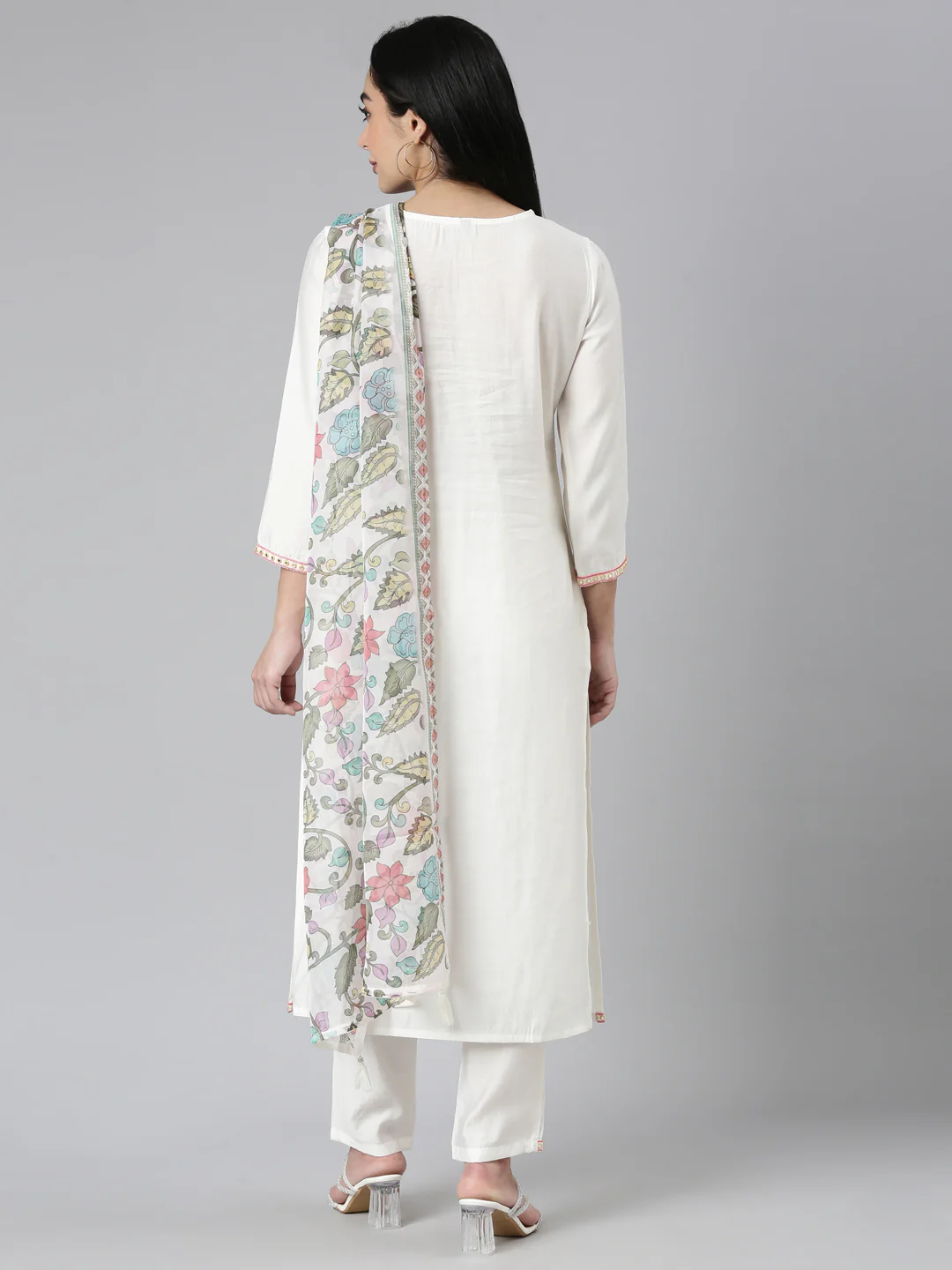 Neerus white Regular Straight Solid Kurta and Trousers With Dupatta - Image 3