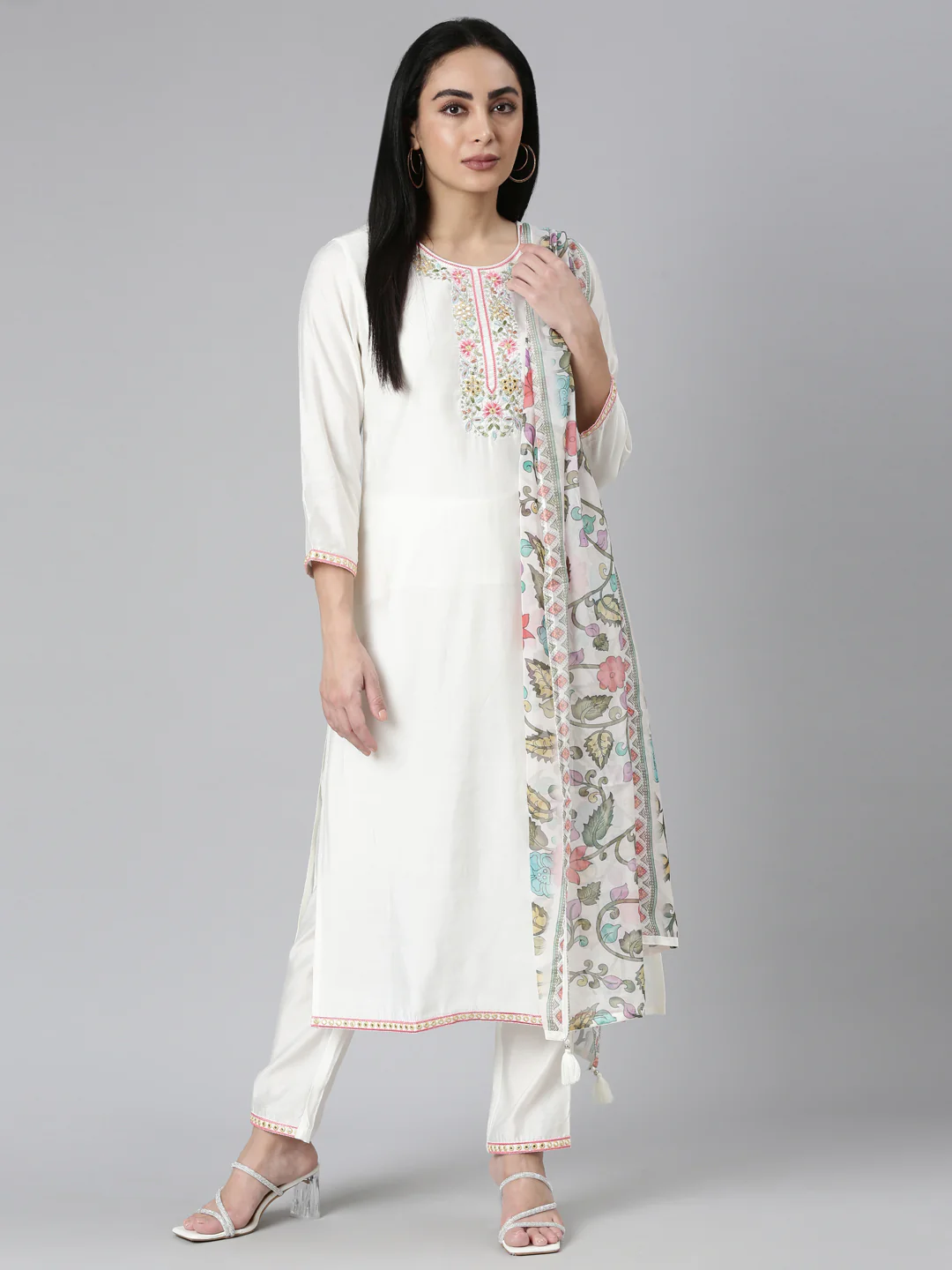 Neerus white Regular Straight Solid Kurta and Trousers With Dupatta - Image 5