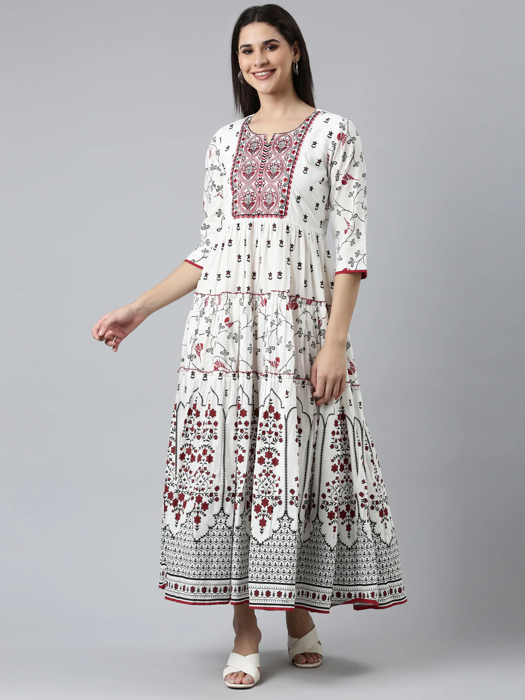 Neerus White Straight Casual Printed Dress