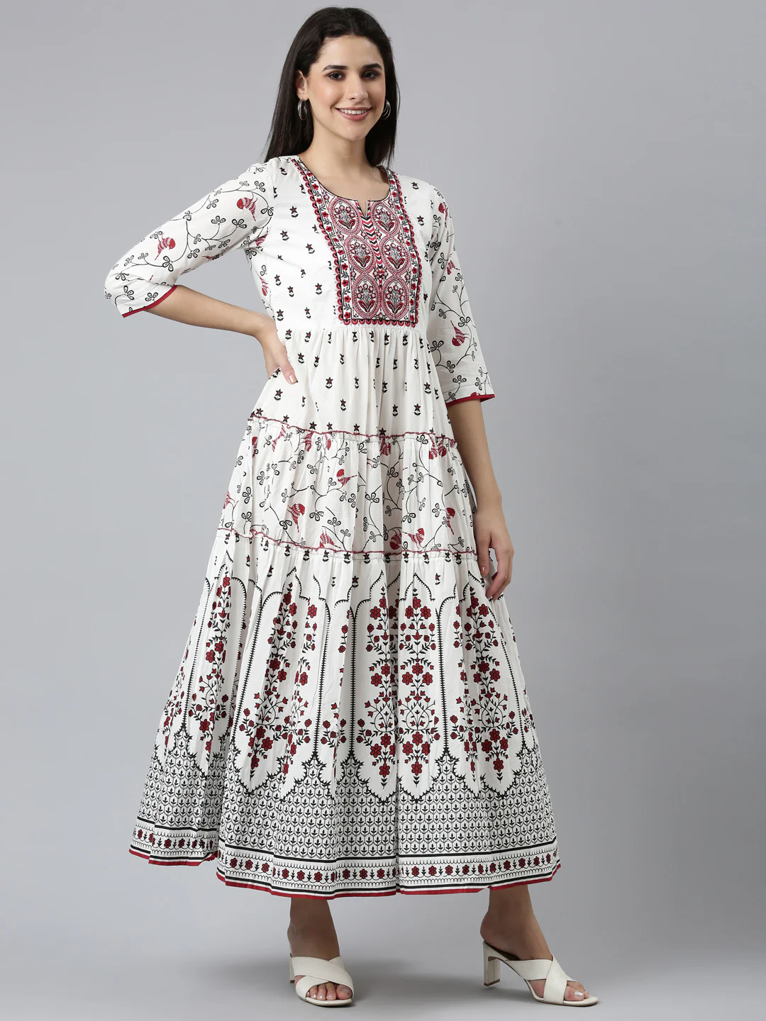 Neerus White Straight Casual Printed Dress - Image 2