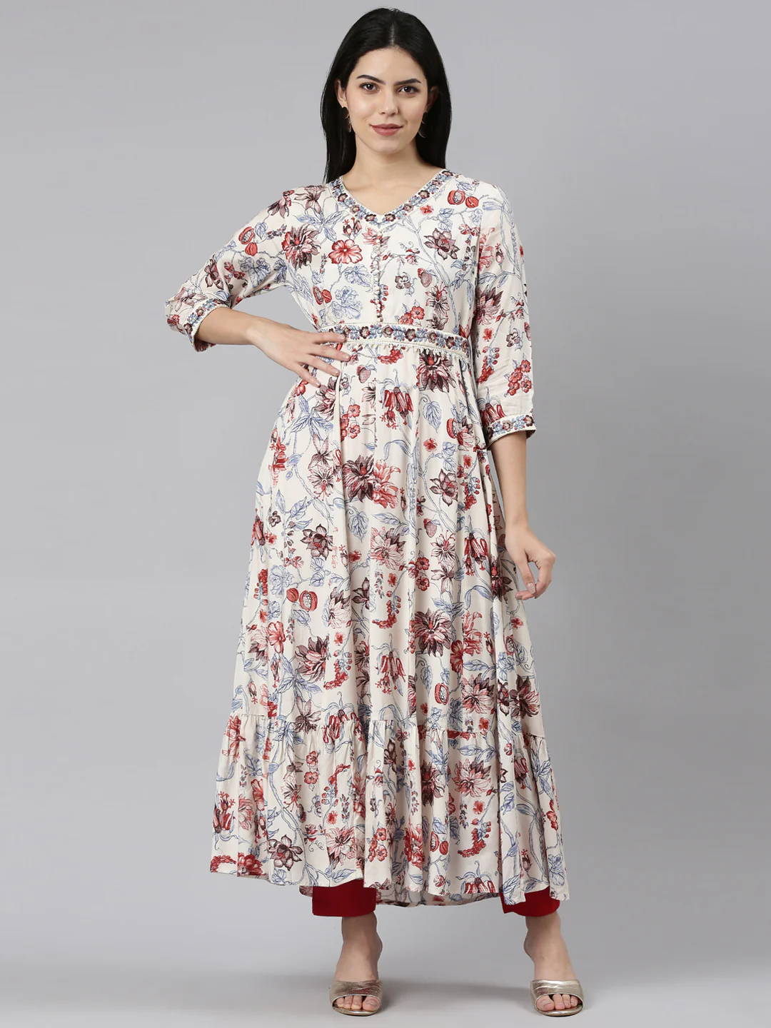 Neerus White Straight Casual Printed Maxi Dresses