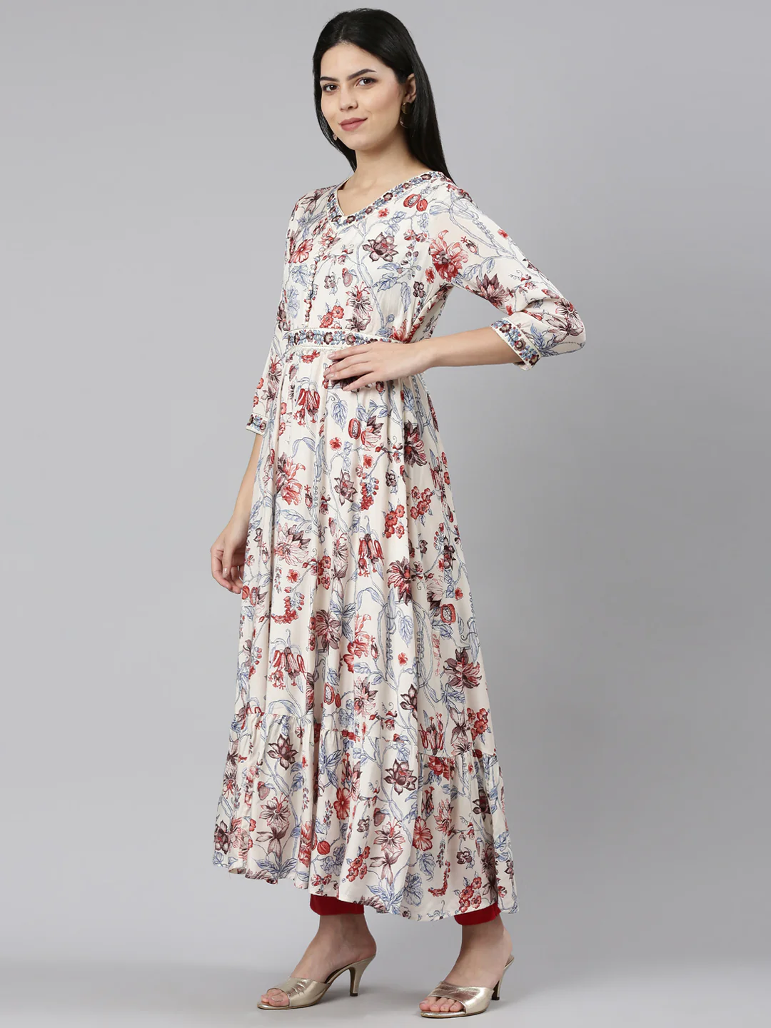 Neerus White Straight Casual Printed Maxi Dresses - Image 2
