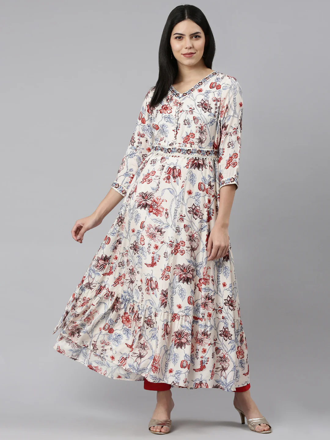 Neerus White Straight Casual Printed Maxi Dresses - Image 5