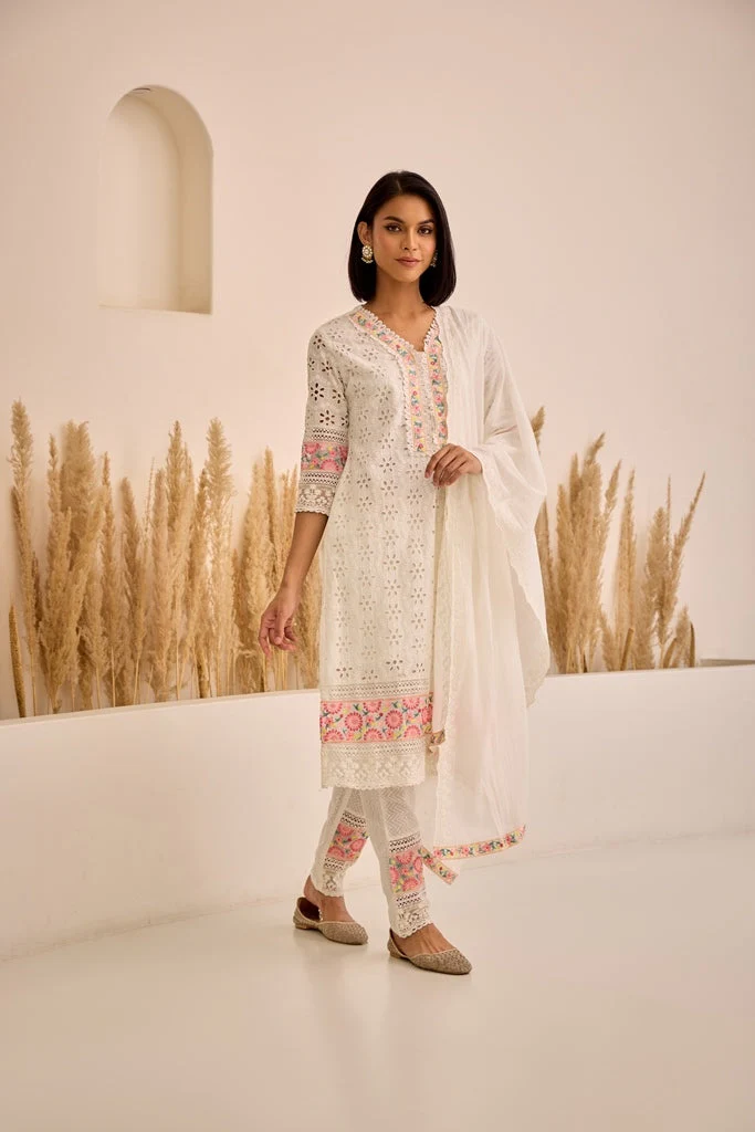 Neerus White Straight Patch Work Kurta And Trousers With Dupatta - Image 3
