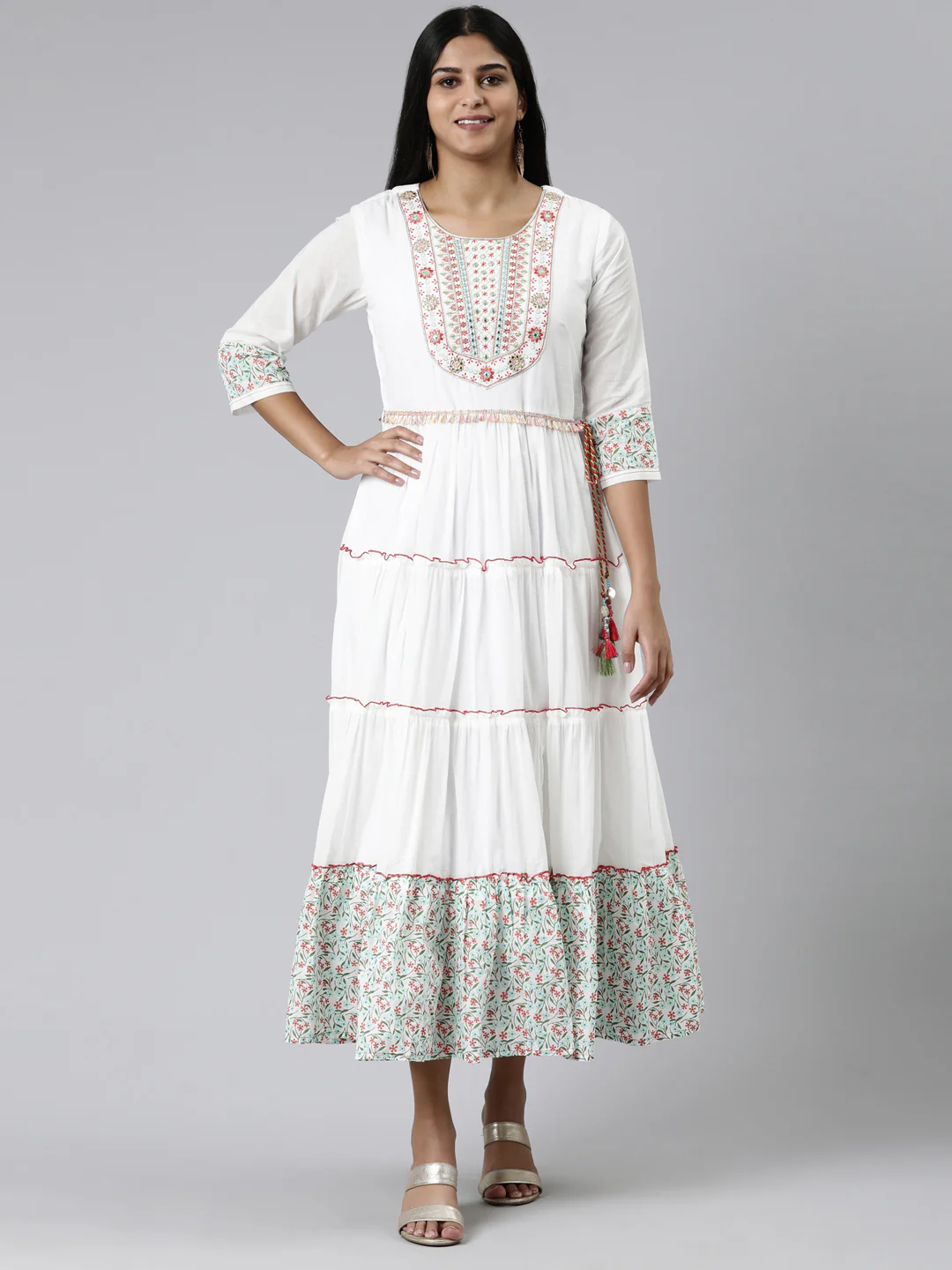 Neerus White Straight Printed Cotton Kurta