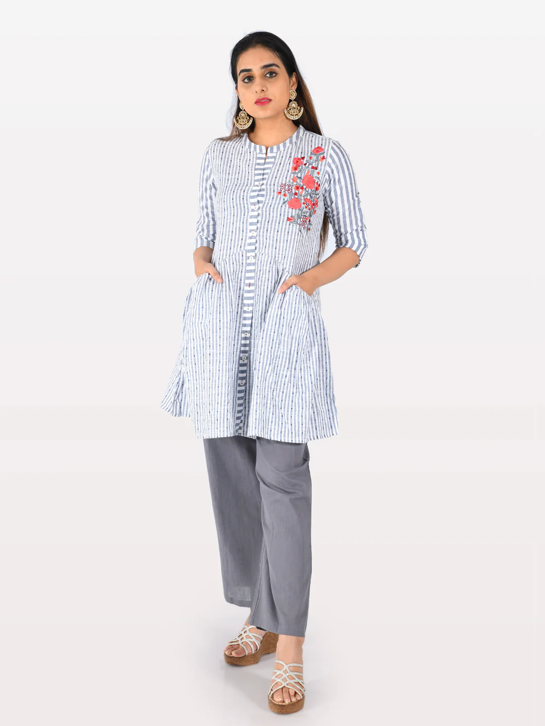 Neerus White Striped Straight Kurti