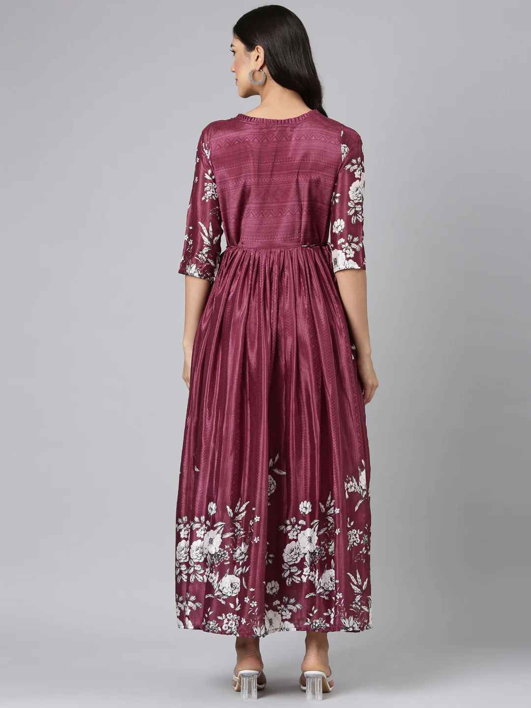 Neerus Wine Casual Floral Maxi Dresses - Image 3
