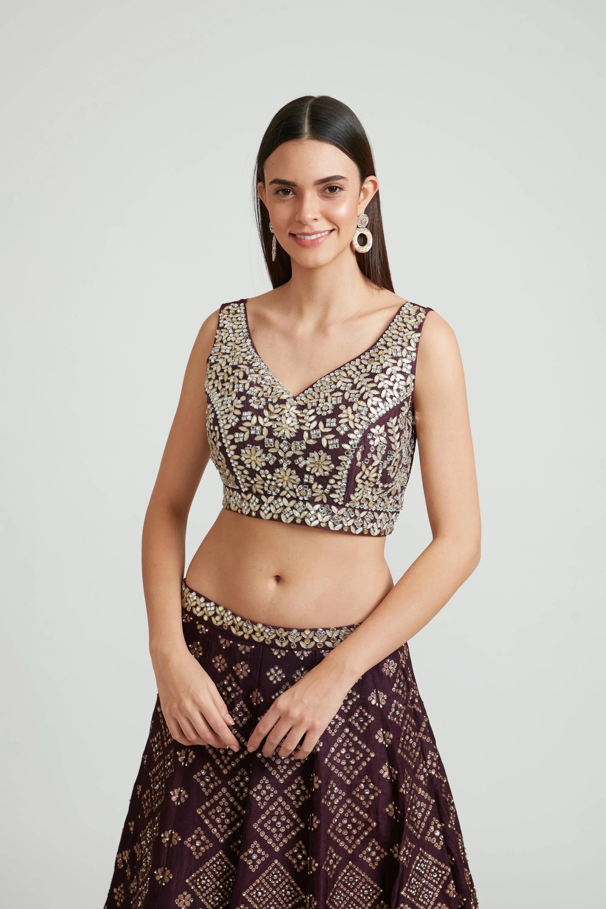 Neerus Wine Color Banaras Fabric Lehenga Choli - Image 4