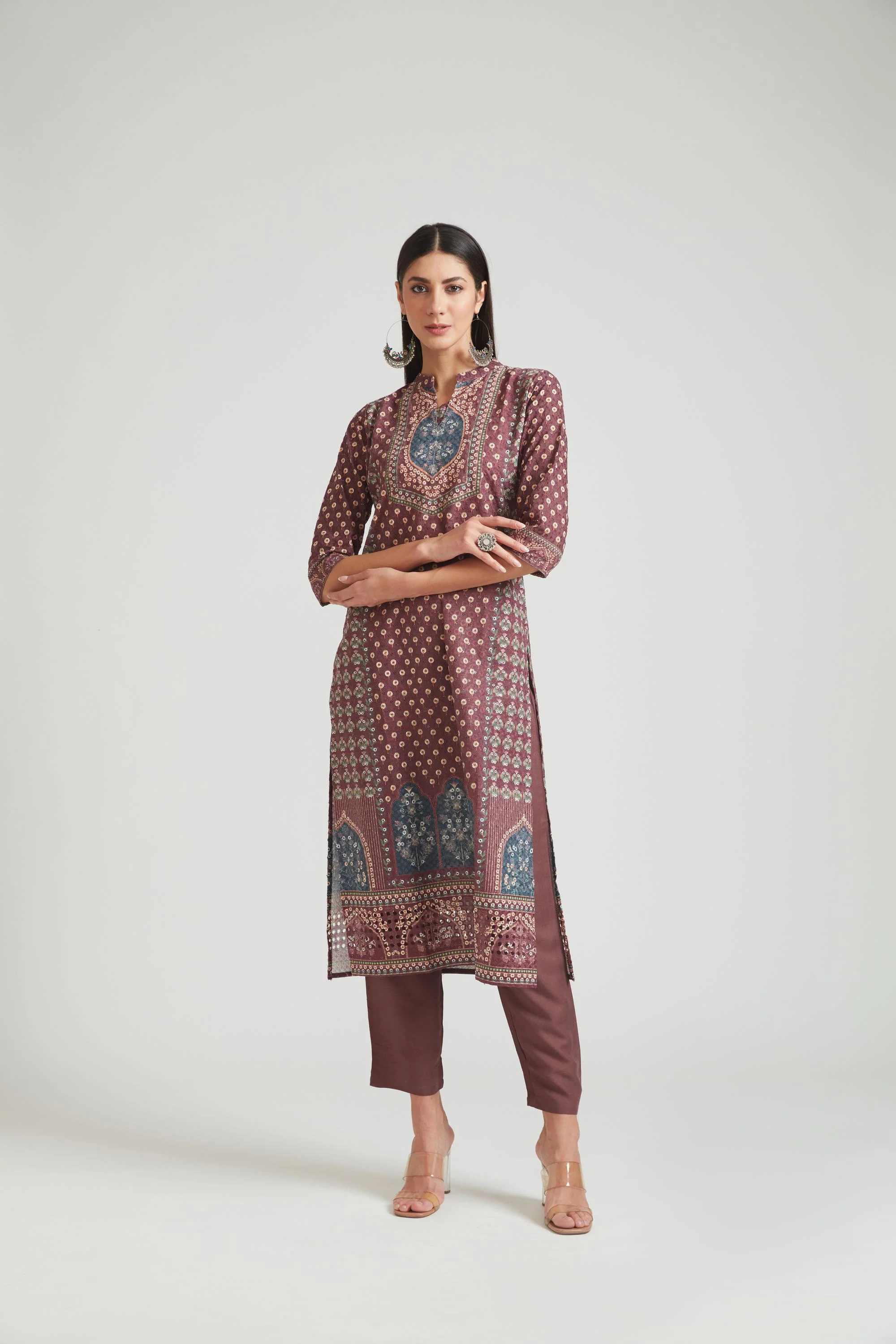 Neerus Wine Color Chiken Fabric Salwar Kameez